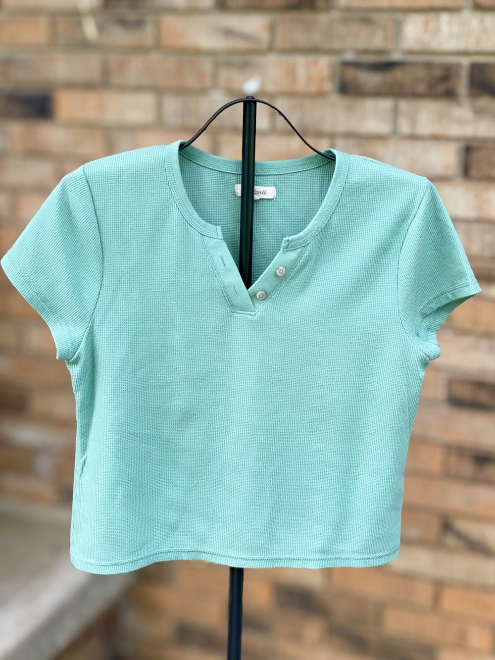 Madewell Green Waffle Knit Henley Cropped Short Sleeve Top Size L